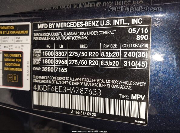 4JGDF6EE3HA787633 2017 MERCEDES-BENZ GLS 450 Blue Շարժիչի բաժամունքի տեսք