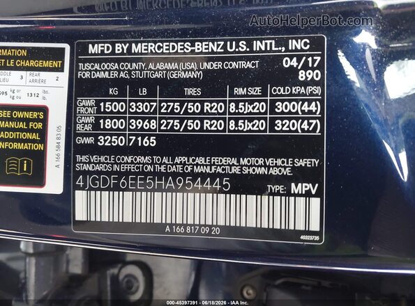 4JGDF6EE5HA954445 2017 MERCEDES-BENZ GLS 450 Dark Blue Вид подкапотного пространства