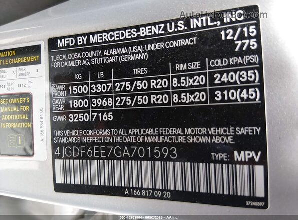 4JGDF6EE7GA701593 2016 MERCEDES-BENZ GL 450 Silver Widok komory silnika