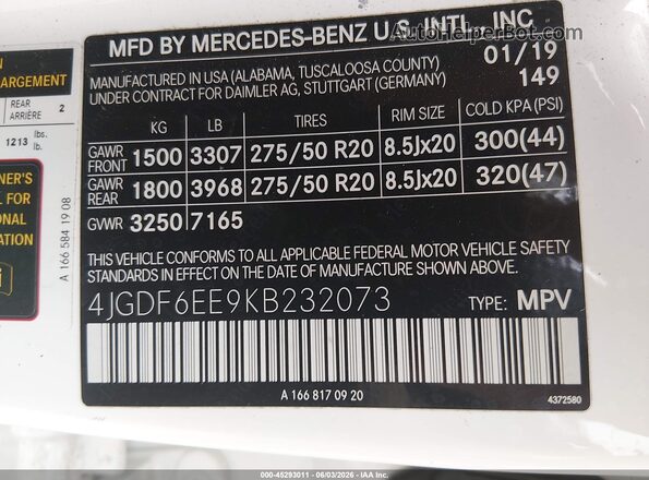 4JGDF6EE9KB232073 2019 MERCEDES-BENZ GLS 450 White Շարժիչի բաժամունքի տեսք