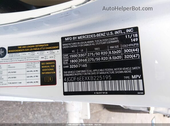 4JGDF6EEXKB225195 2019 MERCEDES-BENZ GLS 450 White Вид підкапотного простору