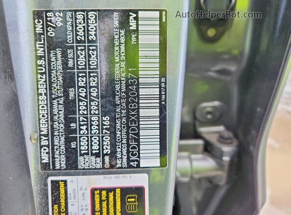 4JGDF7DEXKB204371 2019 MERCEDES-BENZ GLS Gray Вид наклейки з VIN-кодом