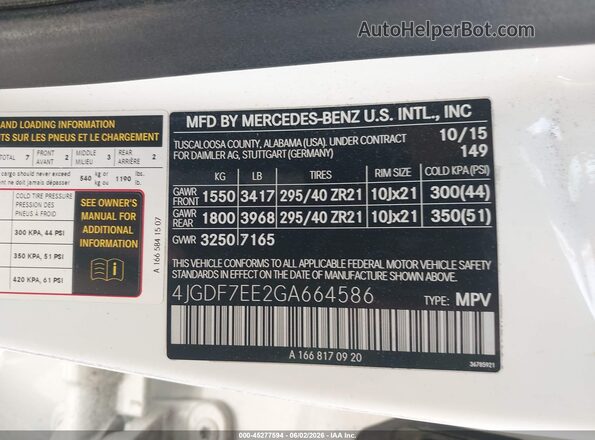 4JGDF7EE2GA664586 2016 MERCEDES-BENZ AMG White 