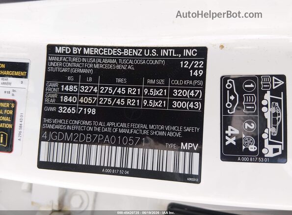 4JGDM2DB7PA010571 2023 MERCEDES-BENZ EQS 450+ SUV White Շարժիչի բաժամունքի տեսք