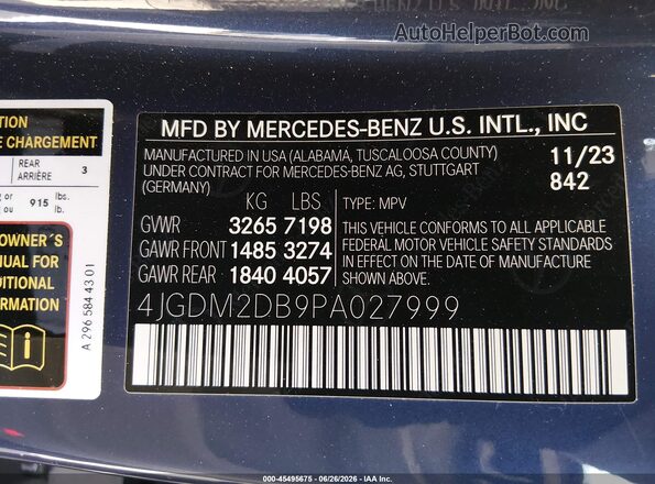 4JGDM2DB9PA027999 2023 MERCEDES-BENZ EQS 450+ SUV Blue Շարժիչի բաժամունքի տեսք