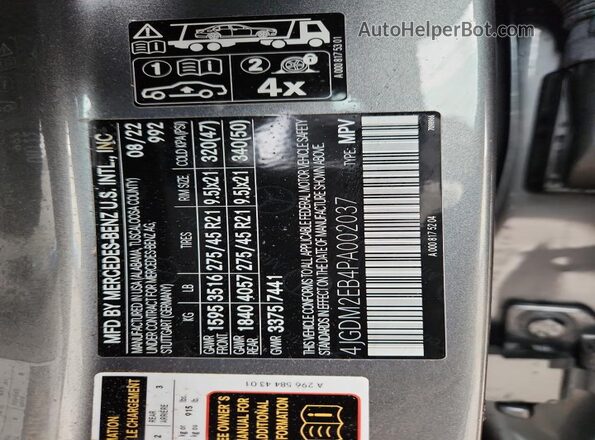 4JGDM2EB4PA002037 2023 MERCEDES-BENZ EQS Silver Vista de la etiqueta del VIN