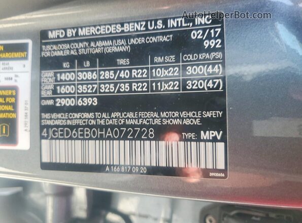4JGED6EB0HA072728 2017 MERCEDES-BENZ GLE Gray VIN կոդի պիտակի տեսք