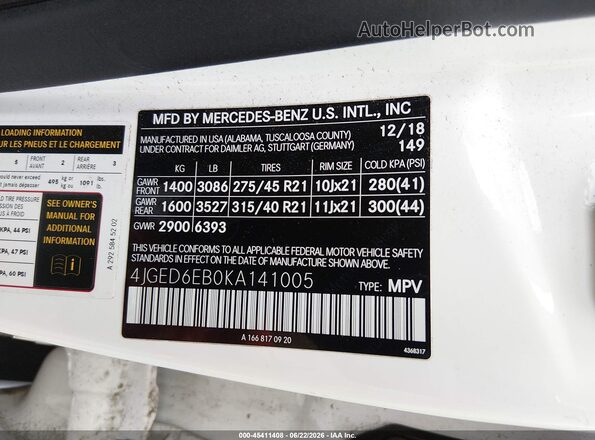 4JGED6EB0KA141005 2019 MERCEDES-BENZ AMG GLE 43 COUPE White Widok komory silnika