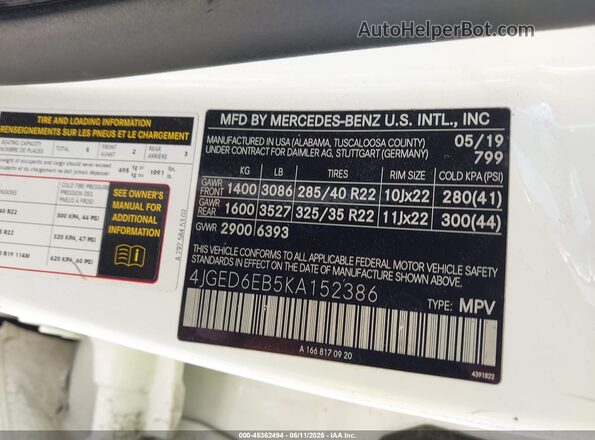 4JGED6EB5KA152386 2019 MERCEDES-BENZ AMG GLE 43 COUPE White Engine compartment view