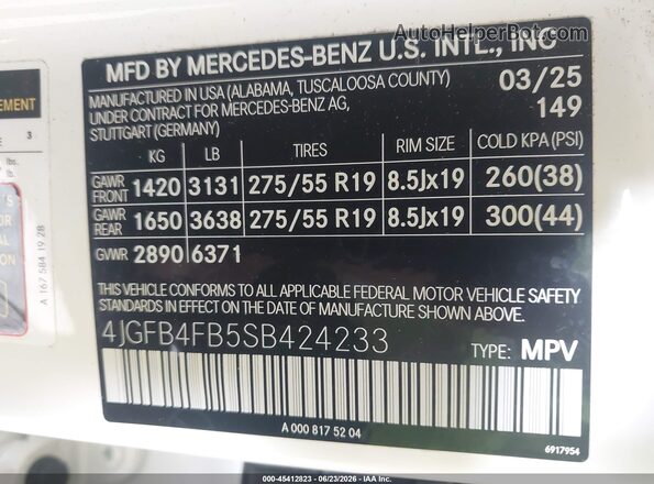 4JGFB4FB5SB424233 2025 MERCEDES-BENZ GLE 350 White Вид підкапотного простору