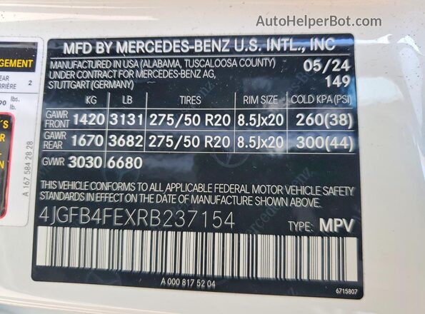 4JGFB4FEXRB237154 2024 MERCEDES-BENZ GLE White Vista de la etiqueta del VIN