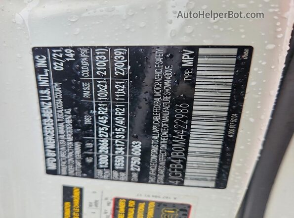 4JGFB4JB0MA422986 2021 MERCEDES-BENZ GLE Белый Вид наклейки с VIN-кодом