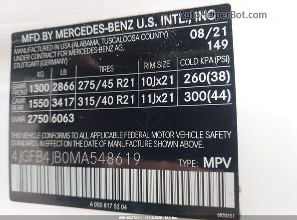 4JGFB4JB0MA548619 2021 MERCEDES-BENZ GLE 350 White Շարժիչի բաժամունքի տեսք