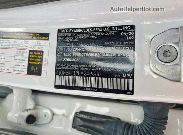 4JGFB4JB2LA249888 2020 MERCEDES-BENZ GLE Белый Вид наклейки с VIN-кодом