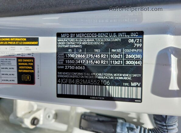 4JGFB4JB2MA552106 2021 MERCEDES-BENZ GLE Белый Вид наклейки с VIN-кодом