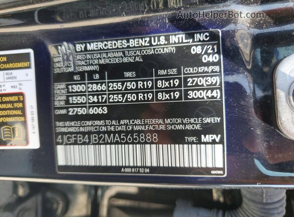 4JGFB4JB2MA565888 2021 MERCEDES-BENZ GLE Черный Вид наклейки с VIN-кодом
