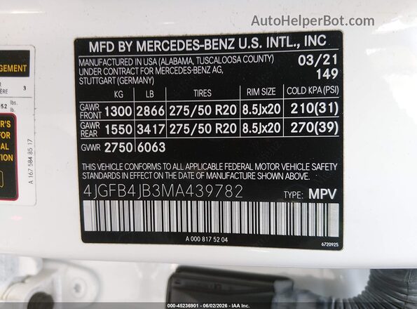 4JGFB4JB3MA439782 2021 MERCEDES-BENZ GLE 350 White Vista del compartimento del motor