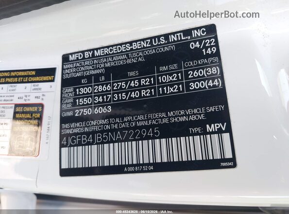 4JGFB4JB5NA722945 2022 MERCEDES-BENZ GLE 350 White Вид підкапотного простору