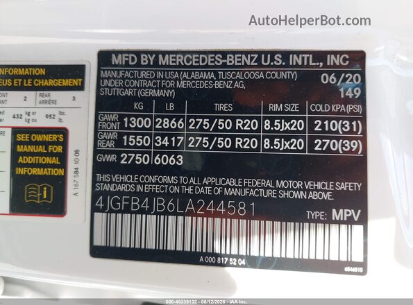 4JGFB4JB6LA244581 2020 MERCEDES-BENZ GLE 350 White Widok komory silnika