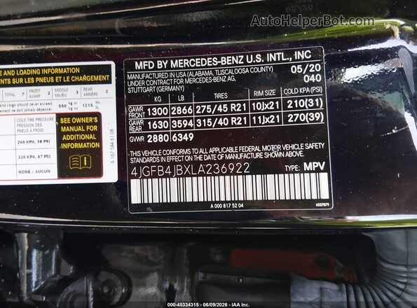 4JGFB4JBXLA236922 2020 MERCEDES-BENZ GLE 350 Black Engine compartment view