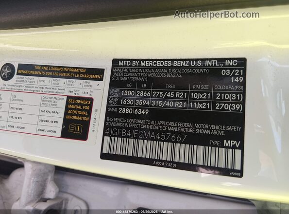 4JGFB4JE2MA457667 2021 MERCEDES-BENZ GLE 350 White Շարժիչի բաժամունքի տեսք
