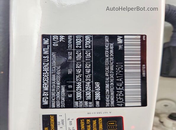 4JGFB4JE4LA179501 2020 MERCEDES-BENZ GLE White Widok naklejki z numerem VIN