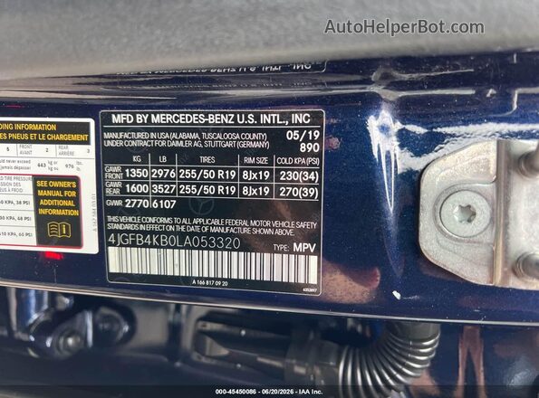 4JGFB4KB0LA053320 2020 MERCEDES-BENZ GLE 350 Dark Blue Շարժիչի բաժամունքի տեսք