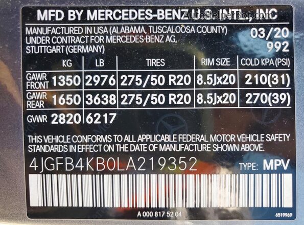 4JGFB4KB0LA219352 2020 MERCEDES-BENZ GLE Gray 