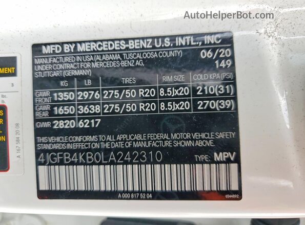 4JGFB4KB0LA242310 2020 MERCEDES-BENZ GLE Белый Панорамный вид салона 360°