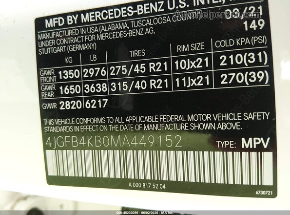 4JGFB4KB0MA449152 2021 MERCEDES-BENZ GLE 350 White Շարժիչի բաժամունքի տեսք