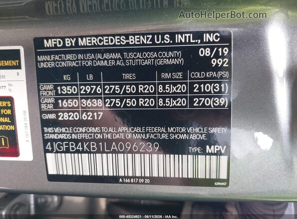 4JGFB4KB1LA096239 2020 MERCEDES-BENZ GLE 350 Gray Շարժիչի բաժամունքի տեսք