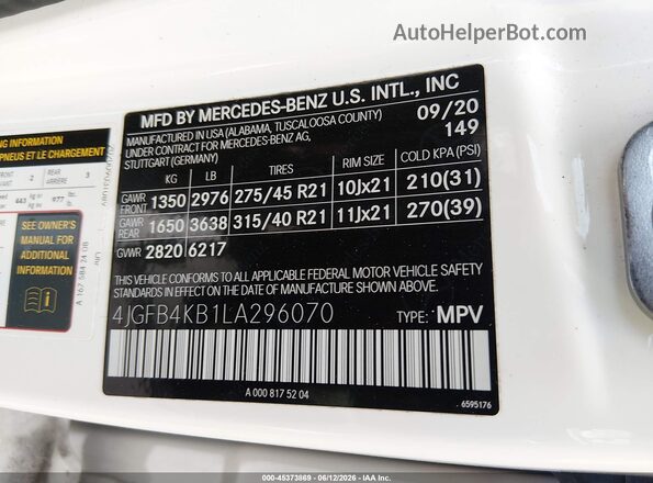 4JGFB4KB1LA296070 2020 MERCEDES-BENZ GLE 350 White Engine compartment view