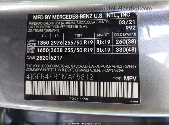 4JGFB4KB1MA458121 2021 MERCEDES-BENZ GLE 350  ძრავის განყოფილების ხედი