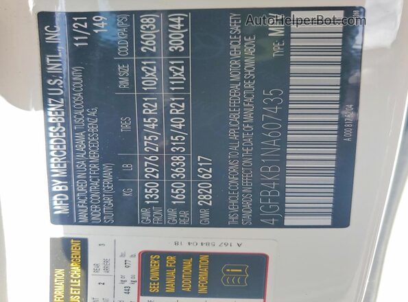 4JGFB4KB1NA607435 2022 MERCEDES-BENZ GLE White VIN sticker view