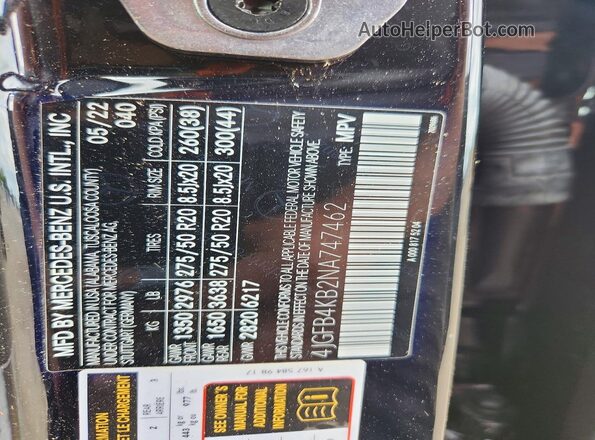 4JGFB4KB2NA747462 2022 MERCEDES-BENZ GLE Black Widok naklejki z numerem VIN