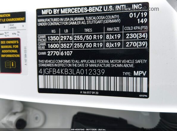 4JGFB4KB3LA012339 2020 MERCEDES-BENZ GLE 350 White Շարժիչի բաժամունքի տեսք
