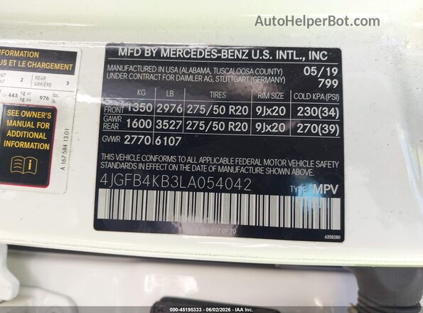 4JGFB4KB3LA054042 2020 MERCEDES-BENZ GLE 350 White 