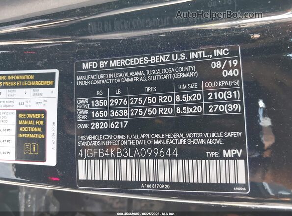 4JGFB4KB3LA099644 2020 MERCEDES-BENZ GLE 350 Черный Вид подкапотного пространства