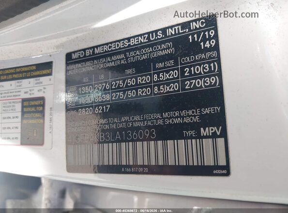 4JGFB4KB3LA136093 2020 MERCEDES-BENZ GLE 350 White Engine compartment view
