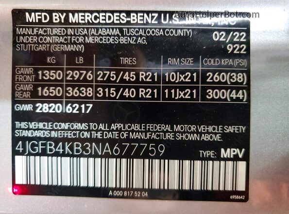 4JGFB4KB3NA677759 2022 MERCEDES-BENZ GLE Silver Вид наклейки з VIN-кодом