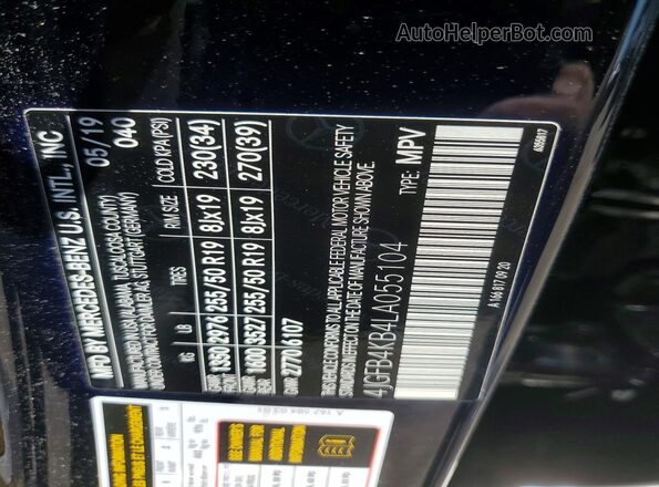 4JGFB4KB4LA055104 2020 MERCEDES-BENZ GLE Черный Вид наклейки с VIN-кодом