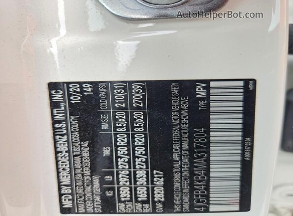 4JGFB4KB4MA317804 2021 MERCEDES-BENZ GLE White VIN კოდის სტიკერის ხედი