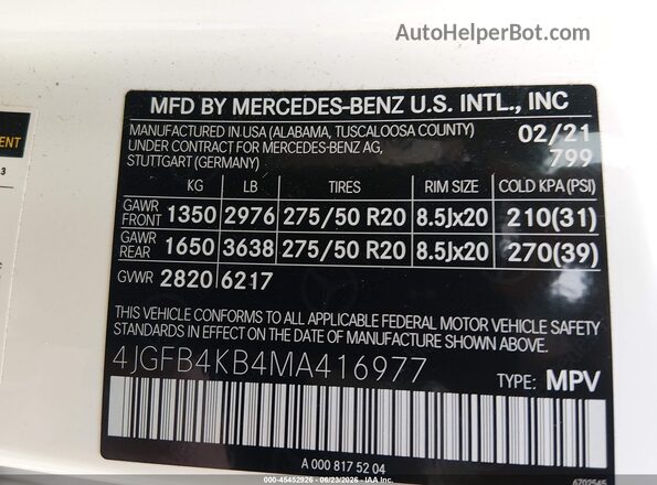 4JGFB4KB4MA416977 2021 MERCEDES-BENZ GLE 350 White ძრავის განყოფილების ხედი