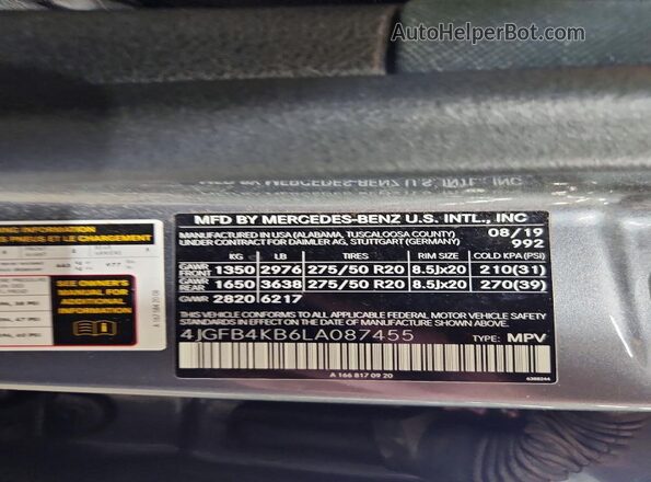 4JGFB4KB6LA087455 2020 MERCEDES-BENZ GLE Серебряный Вид наклейки с VIN-кодом
