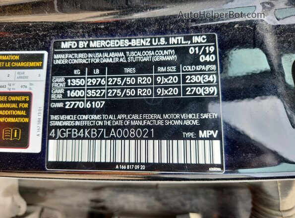 4JGFB4KB7LA008021 2020 MERCEDES-BENZ GLE Черный Вид наклейки с VIN-кодом