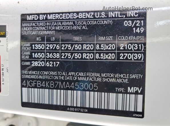 4JGFB4KB7MA453005 2021 MERCEDES-BENZ GLE White VIN կոդի պիտակի տեսք