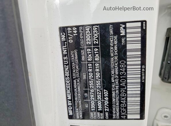 4JGFB4KB9LA013480 2020 MERCEDES-BENZ GLE White VIN კოდის სტიკერის ხედი