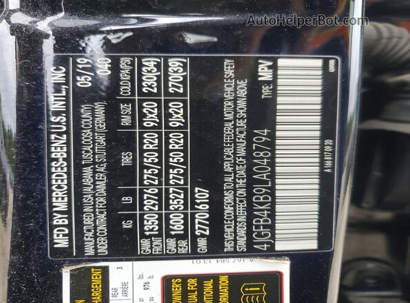 4JGFB4KB9LA048794 2020 MERCEDES-BENZ GLE Black Вид наклейки з VIN-кодом