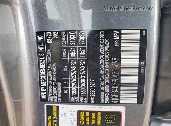 4JGFB4KB9LA218698 2020 MERCEDES-BENZ GLE Silver VIN կոդի պիտակի տեսք