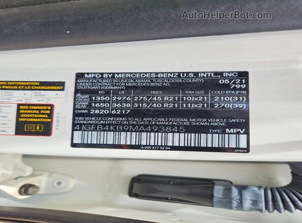 4JGFB4KB9MA493845 2021 MERCEDES-BENZ GLE Белый Вид наклейки с VIN-кодом